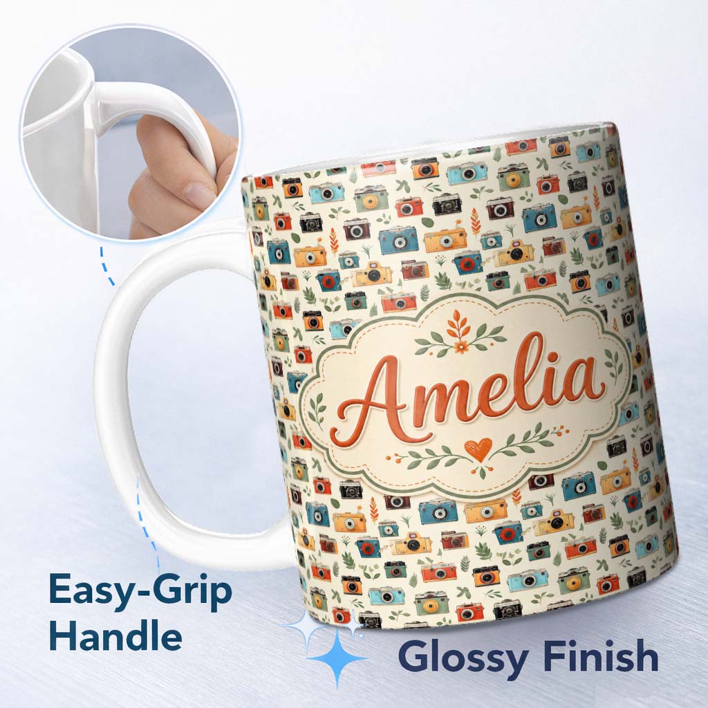 Personalized Custom Name Colorful Cameras with Leaves Seamless Pattern Custom Name Cute 11oz Ceramic Coffee Tea Mug White Large Handle