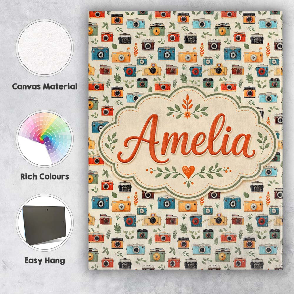 Personalised Name Colorful Cameras with Custom  Modern Room Accent Elegant Feature Canvas Wall Art Print Decor Picture Ready to Hang