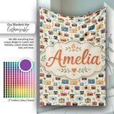 Colorful Cameras with Leaves Seamless Pattern  Cute  Personalised Custom Name Super Soft Fleece Blanket Bed Sofa Throw