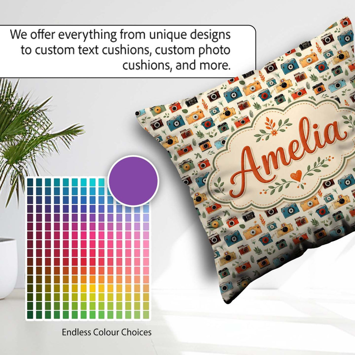 Custom Name Colorful Cameras with Leaves Seamless Pattern Cute Square Filled Cushion Throw Pillow Sofa Bed Home Decor Zip Washable UK Made