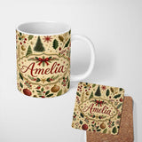 Personalized Custom Name Elegant Christmas Trees Holly Leaves Berries and Snowflake Elements 11oz Ceramic Coffee Tea Mug White Large Handle