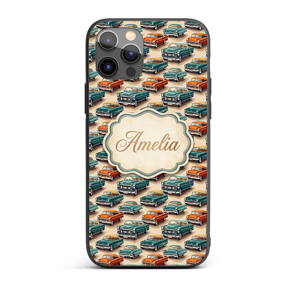 Classic Vintage Cars Style Seamless Pattern Name Custom Name Protective Phone Case Mobile Cover Durable Everyday Smartphone Shock Resistant