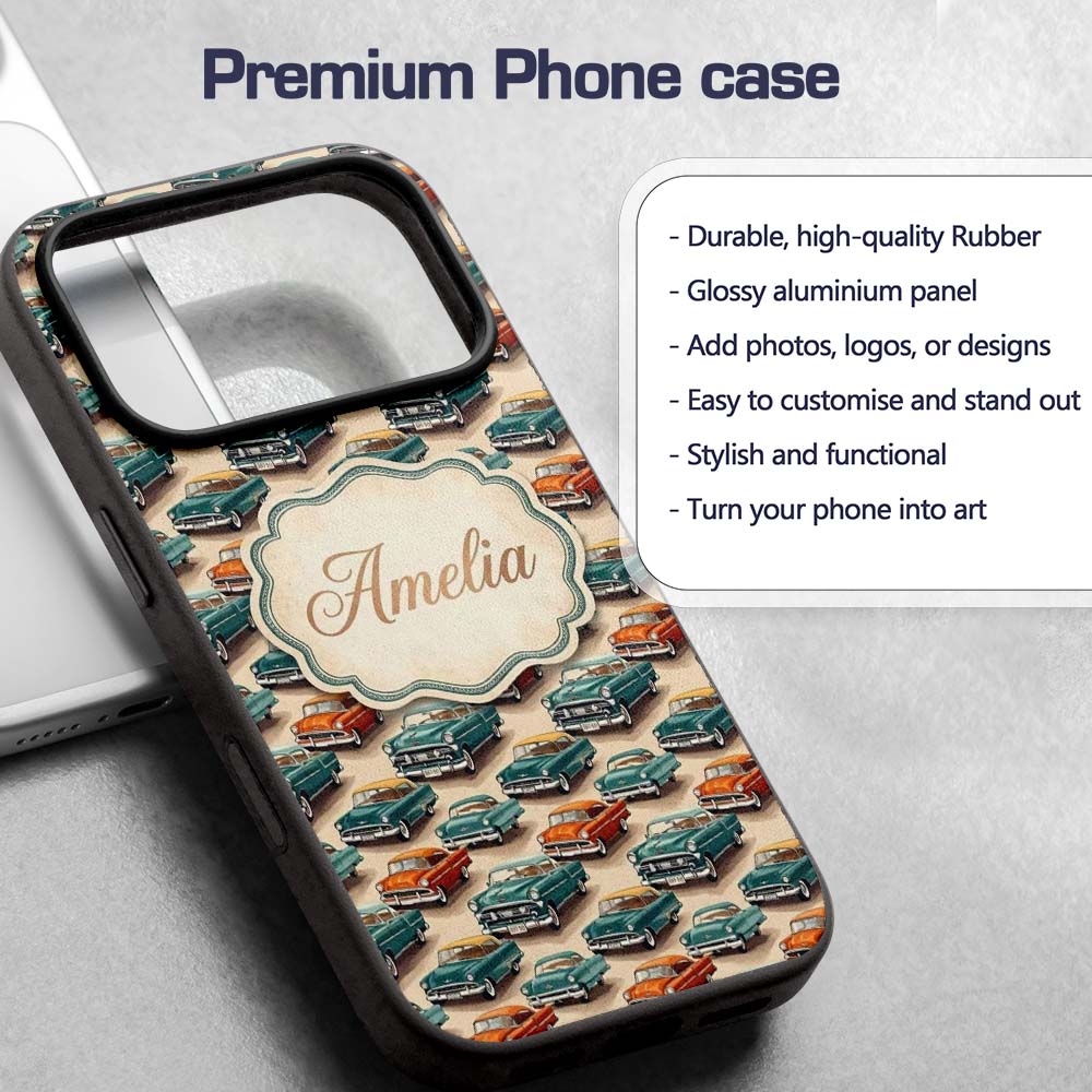 Classic Vintage Cars Style Seamless Pattern Name Custom Name Protective Phone Case Mobile Cover Durable Everyday Smartphone Shock Resistant