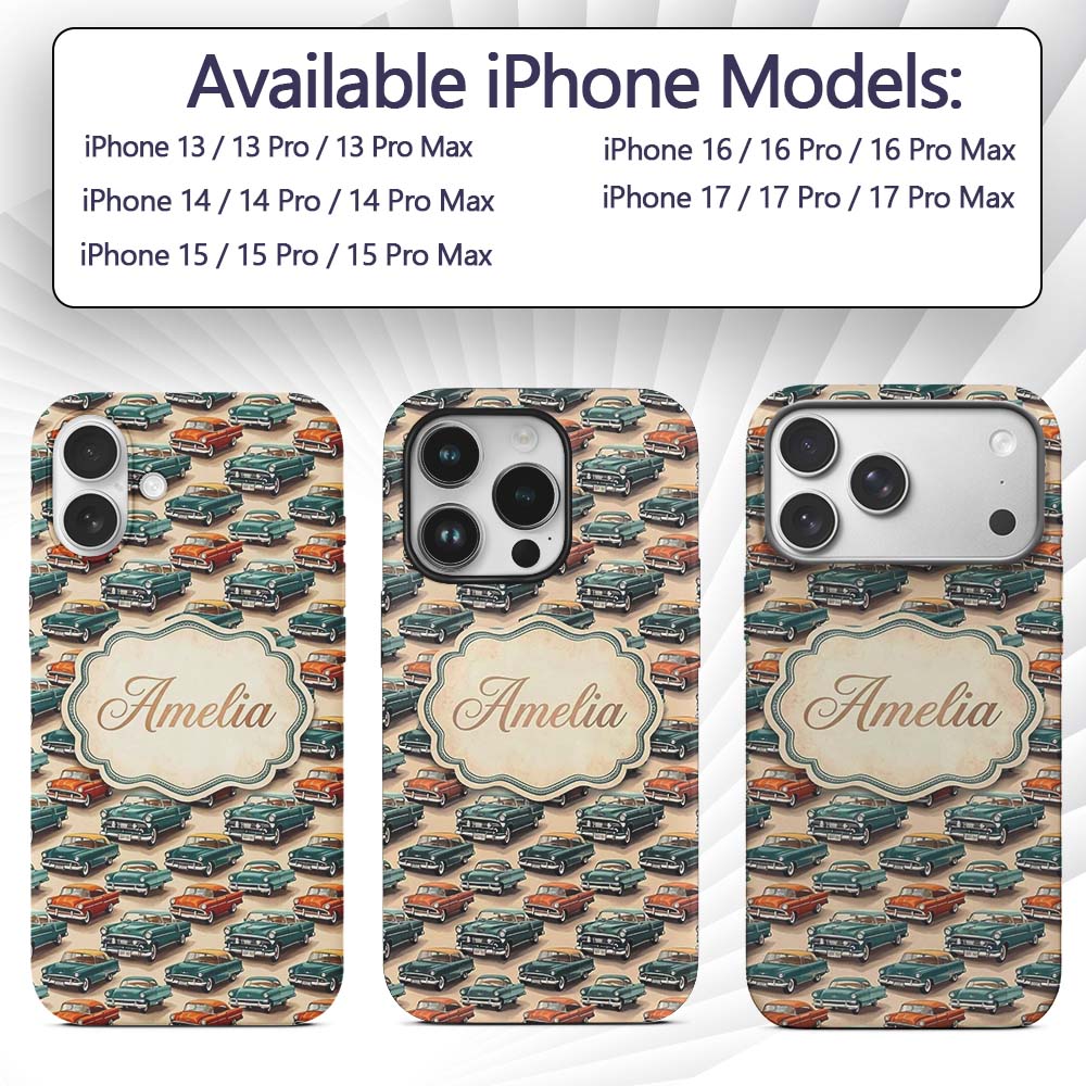 Classic Vintage Cars Style Seamless Pattern Name Custom Name Protective Phone Case Mobile Cover Durable Everyday Smartphone Shock Resistant