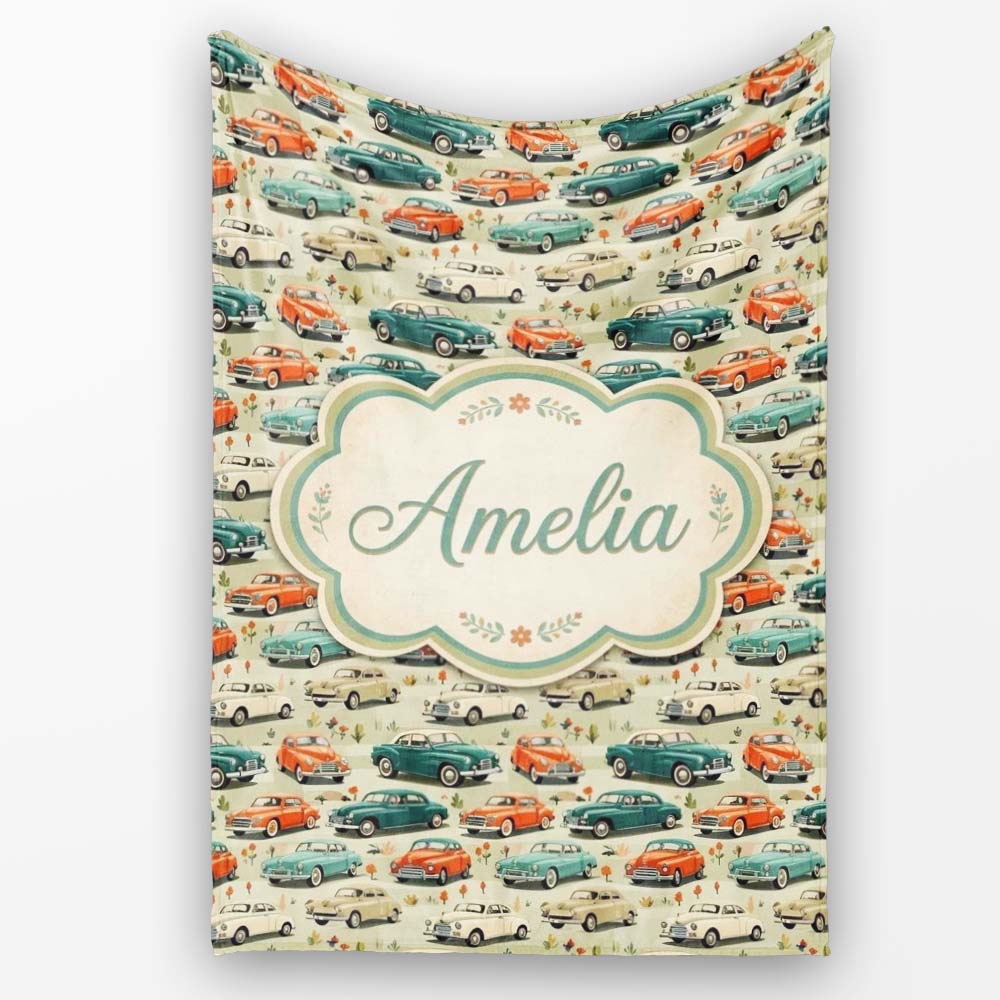 Colorful Classic Cars with Floral Detail Seamless Pattern Custom  Personalised Custom Name Super Soft Fleece Blanket Bed Sofa Throw