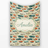 Colorful Classic Cars with Floral Detail Seamless Pattern Custom  Personalised Custom Name Super Soft Fleece Blanket Bed Sofa Throw