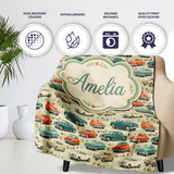Colorful Classic Cars with Floral Detail Seamless Pattern Custom  Personalised Custom Name Super Soft Fleece Blanket Bed Sofa Throw