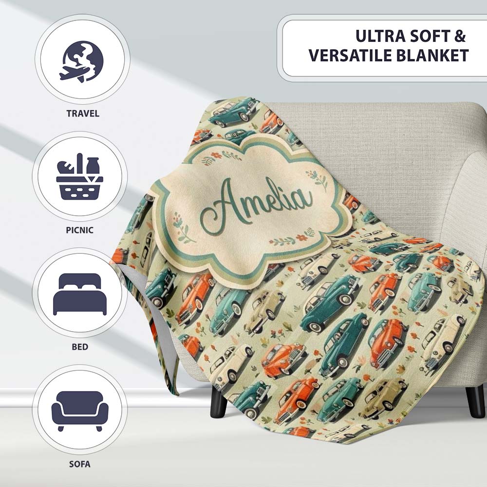 Colorful Classic Cars with Floral Detail Seamless Pattern Custom  Personalised Custom Name Super Soft Fleece Blanket Bed Sofa Throw