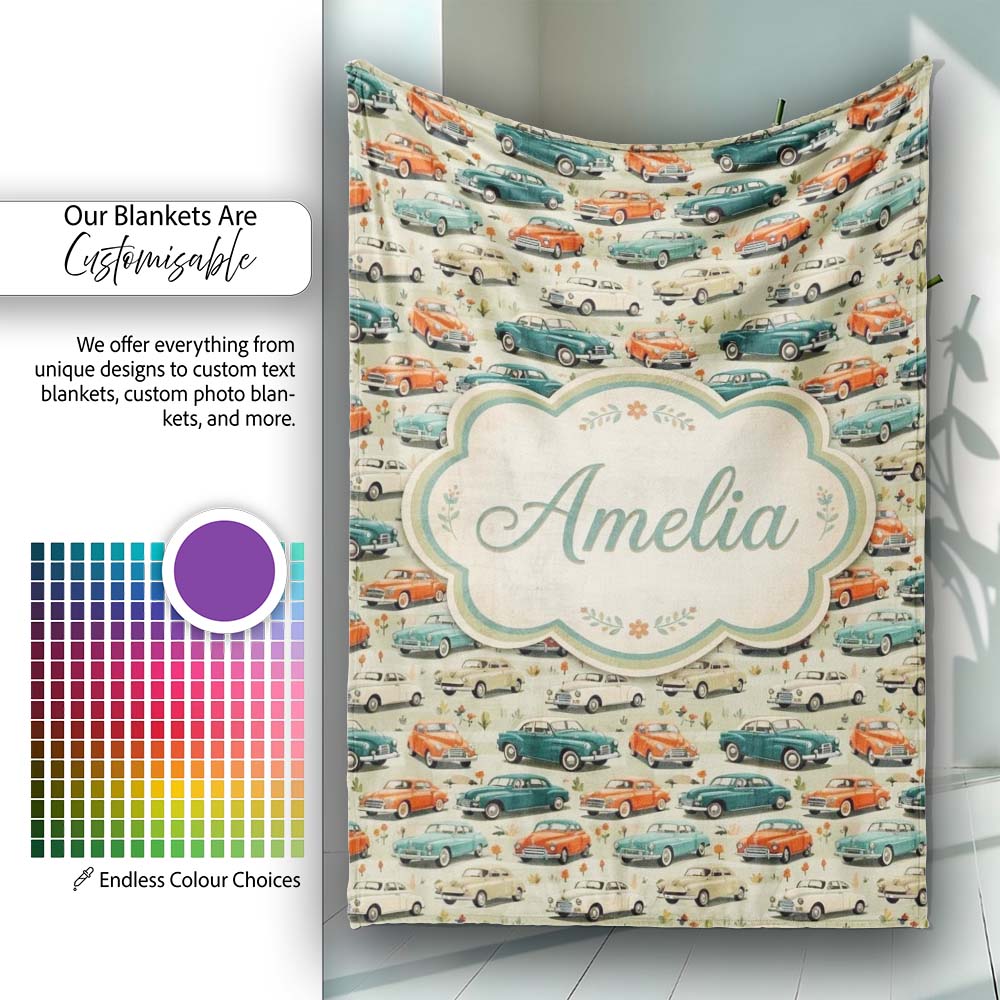 Colorful Classic Cars with Floral Detail Seamless Pattern Custom  Personalised Custom Name Super Soft Fleece Blanket Bed Sofa Throw