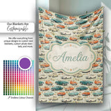Colorful Classic Cars with Floral Detail Seamless Pattern Custom  Personalised Custom Name Super Soft Fleece Blanket Bed Sofa Throw