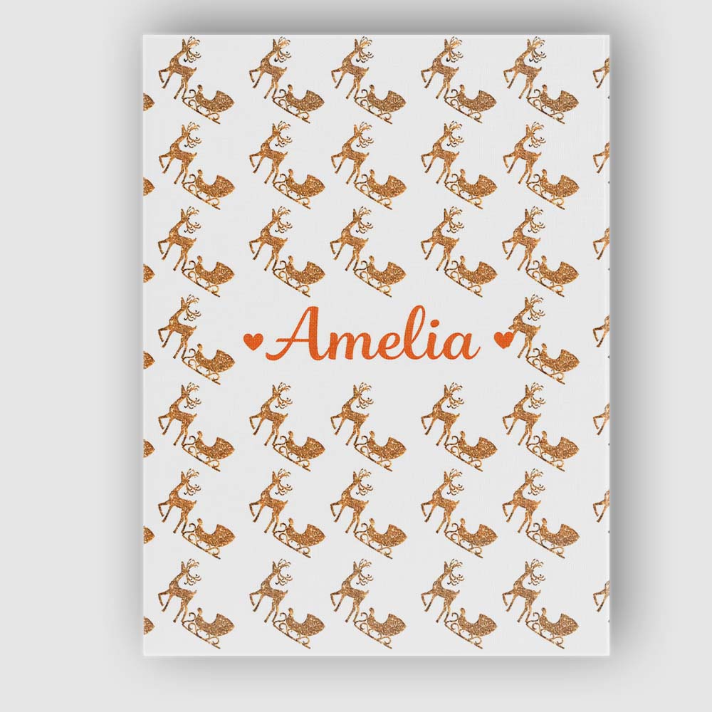 Personalised Name Gold Glitter Reindeer Sleigh Christmas White Custom Modern Room Accent Canvas Wall Art Print Decor Picture Ready to Hang