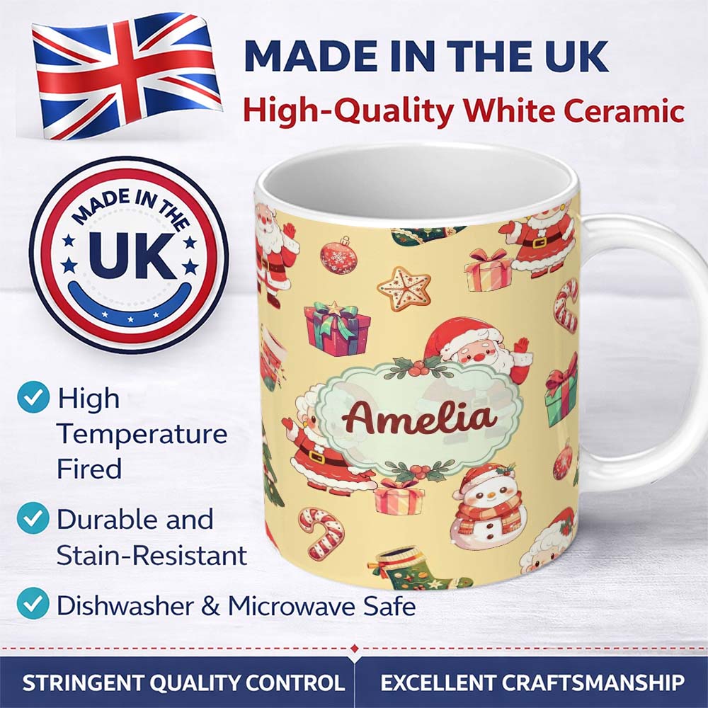 Personalized Custom Name Cute Santa Claus Mrs Claus Snowman Christmas Gift Candy Cane Yellow 11oz Ceramic Coffee Tea Mug White Large Handle