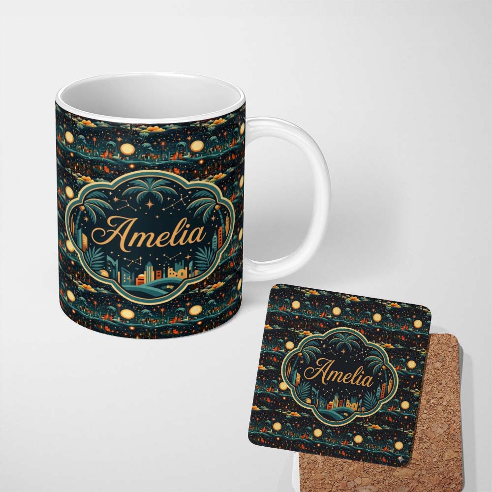 Personalized Custom Name Night City Skyline Fireworks Moonlit Sky Seamless Pattern Custom 11oz Ceramic Coffee Tea Mug White Large Handle