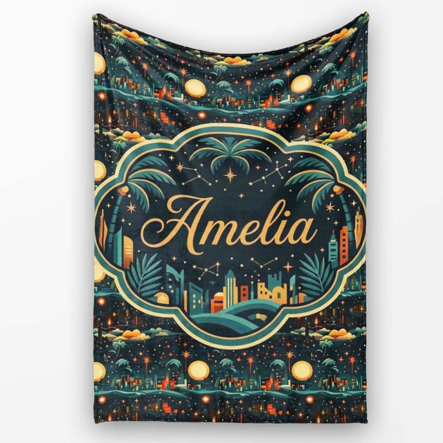 Night City Skyline Fireworks Moonlit Sky Seamless Pattern Custom  Personalised Custom Name Super Soft Fleece Blanket Bed Sofa Throw