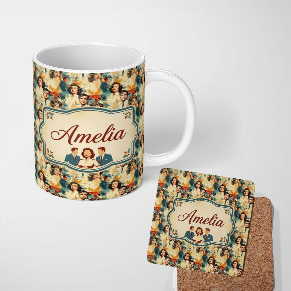 Personalized Custom Name Hollywood Glamour Couples Portrait Seamless Pattern Name Cute 11oz Ceramic Coffee Tea Mug White Large Handle
