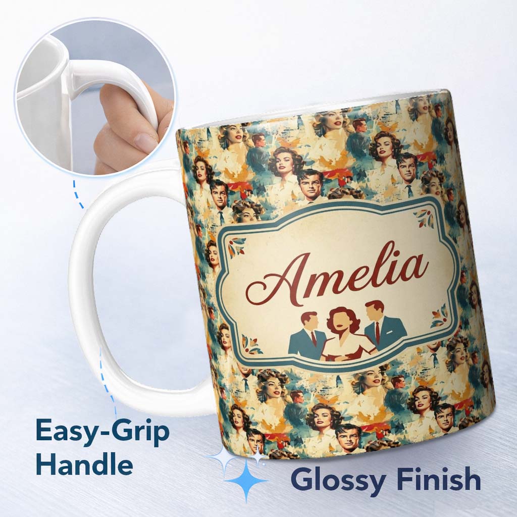 Personalized Custom Name Hollywood Glamour Couples Portrait Seamless Pattern Name Cute 11oz Ceramic Coffee Tea Mug White Large Handle
