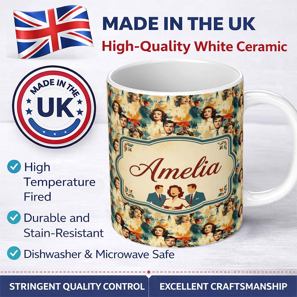 Personalized Custom Name Hollywood Glamour Couples Portrait Seamless Pattern Name Cute 11oz Ceramic Coffee Tea Mug White Large Handle