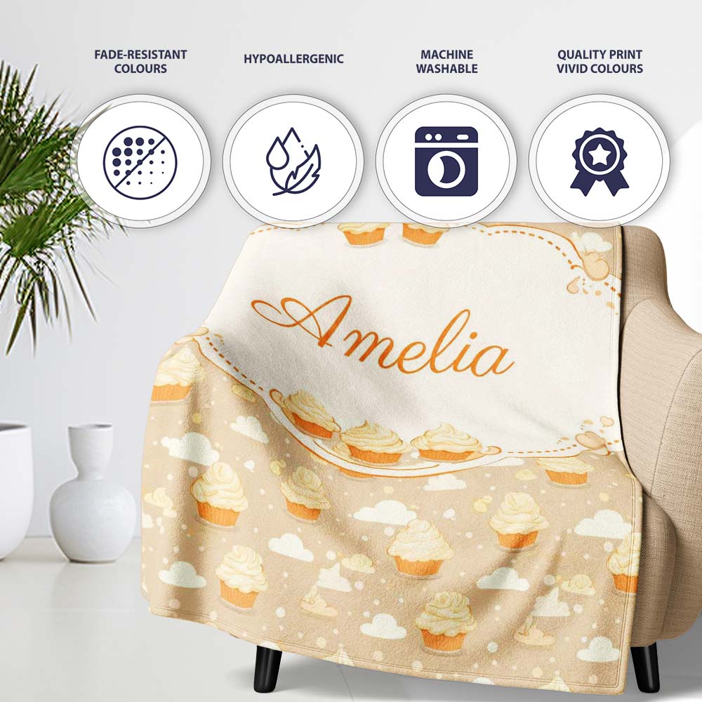 Cute Cupcake and Clouds Sweet Dessert Seamless Pattern Soft Neutral  Personalised Custom Name Super Soft Fleece Blanket Bed Sofa Throw