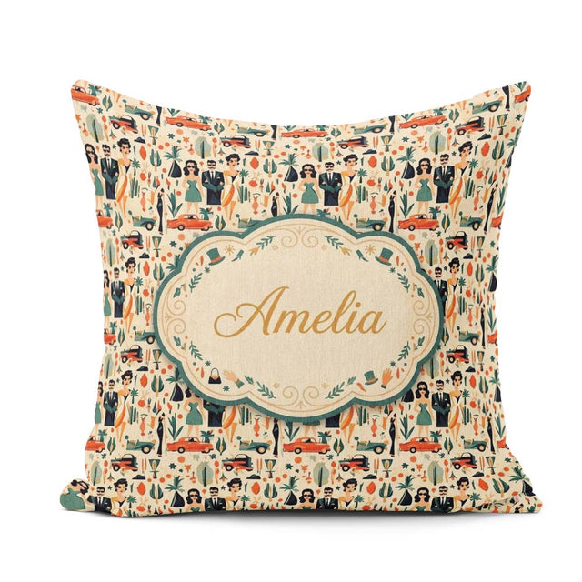 Custom Name Mid Century Fashion People Abstract Seamless Pattern Square Filled Cushion Throw Pillow Sofa Bed Home Decor Zip Washable UK Made