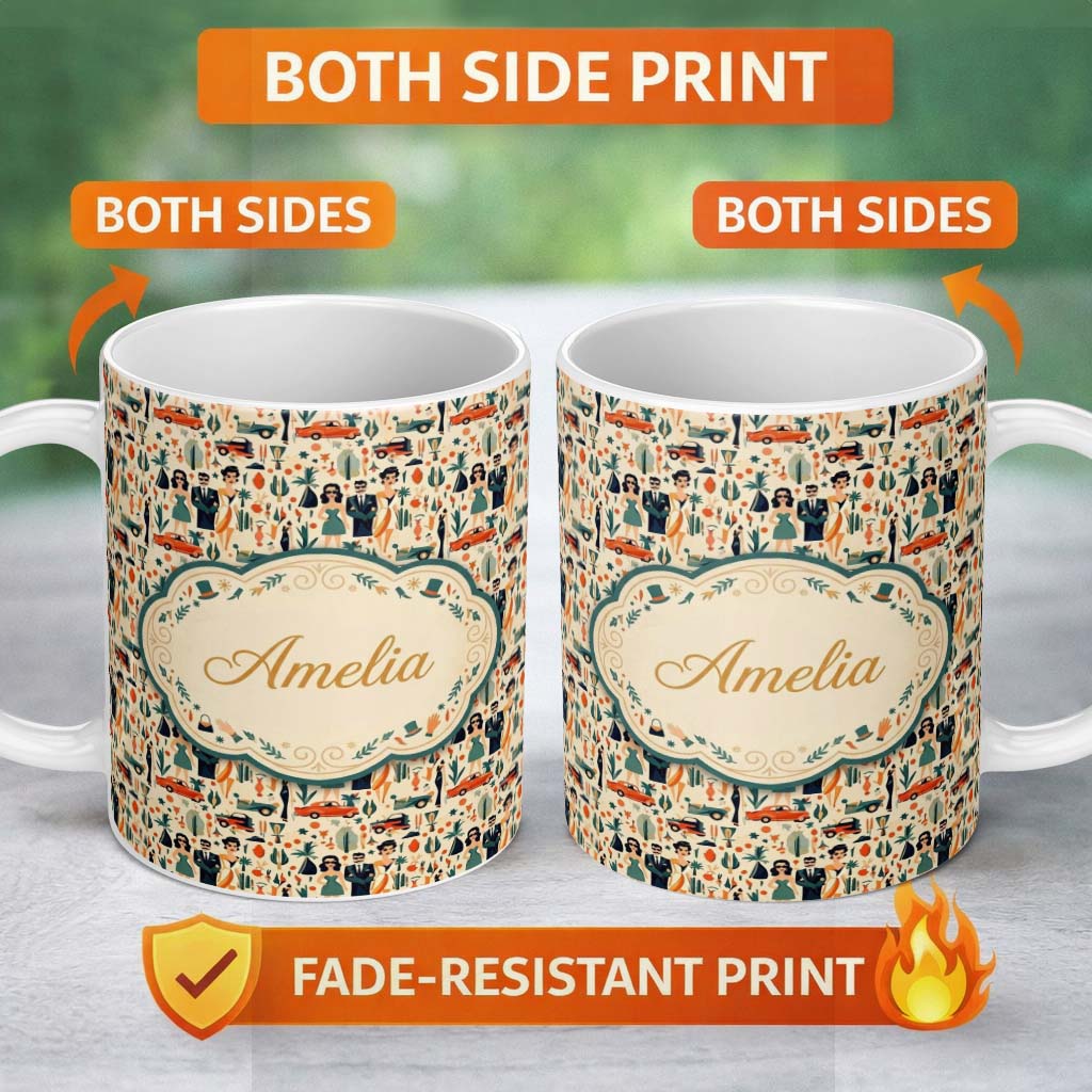 Personalized Custom Name Mid Century Fashion People Cars Abstract Seamless Pattern Custom 11oz Ceramic Coffee Tea Mug White Large Handle