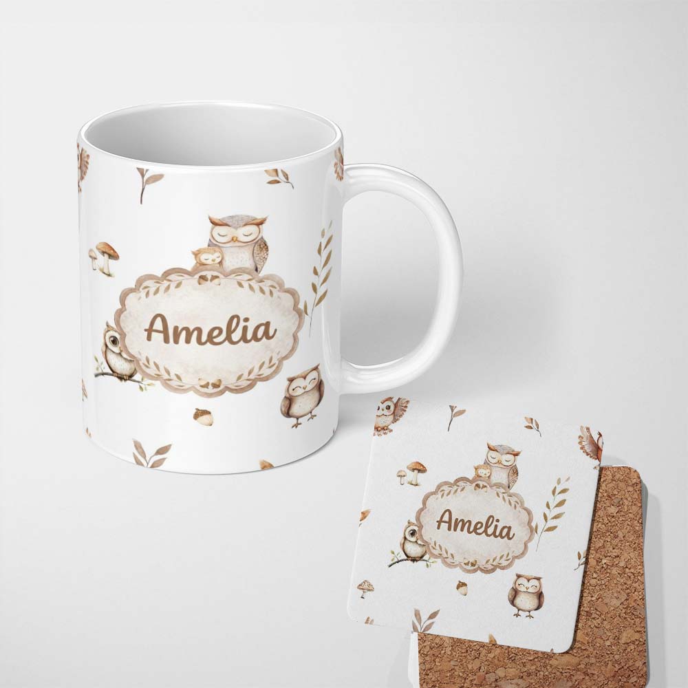 Personalized Custom Name Cute Woodland Owls with Mushrooms Leaves Light Grey Background 11oz Ceramic Coffee Tea Mug White Large Handle
