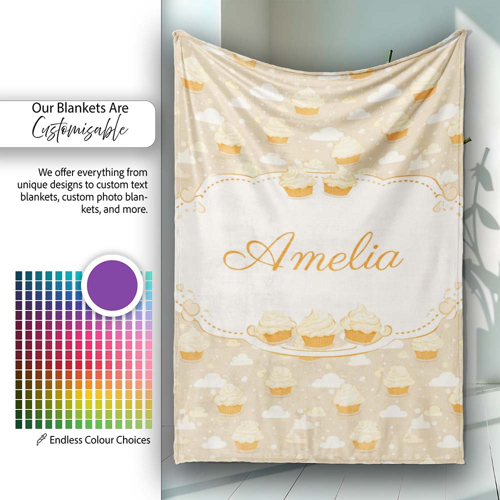 Cute Cupcake and Clouds Sweet Dessert Seamless Pattern Soft Neutral  Personalised Custom Name Super Soft Fleece Blanket Bed Sofa Throw