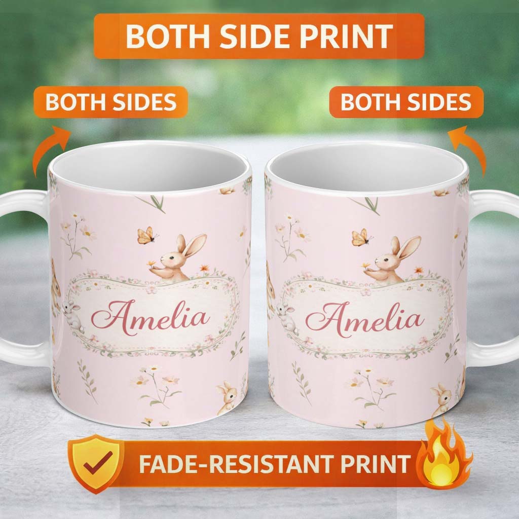 Personalized Custom Name Watercolor Bunny Floral Meadow Blush Pink Seamless Pattern Lovely 11oz Ceramic Coffee Tea Mug White Large Handle