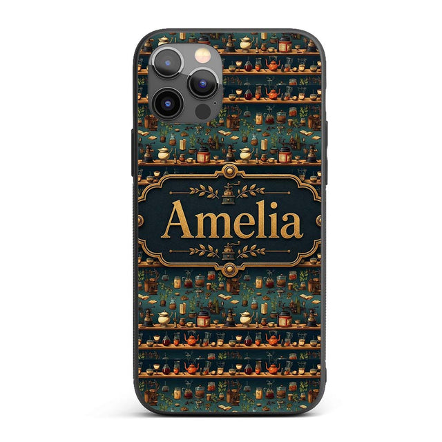 Apothecary Shelf Bottles Herbs Vintage Seamless Custom Name Protective Phone Case Mobile Cover Durable Everyday Smartphone Shock Resistant