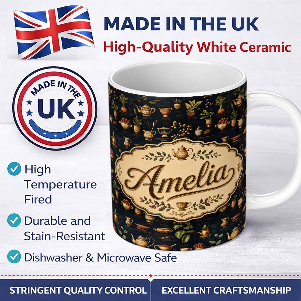Personalized Custom Name Dark Botanical Tea Coffee Herbs Vintage Seamless Pattern Name Cute 11oz Ceramic Coffee Tea Mug White Large Handle