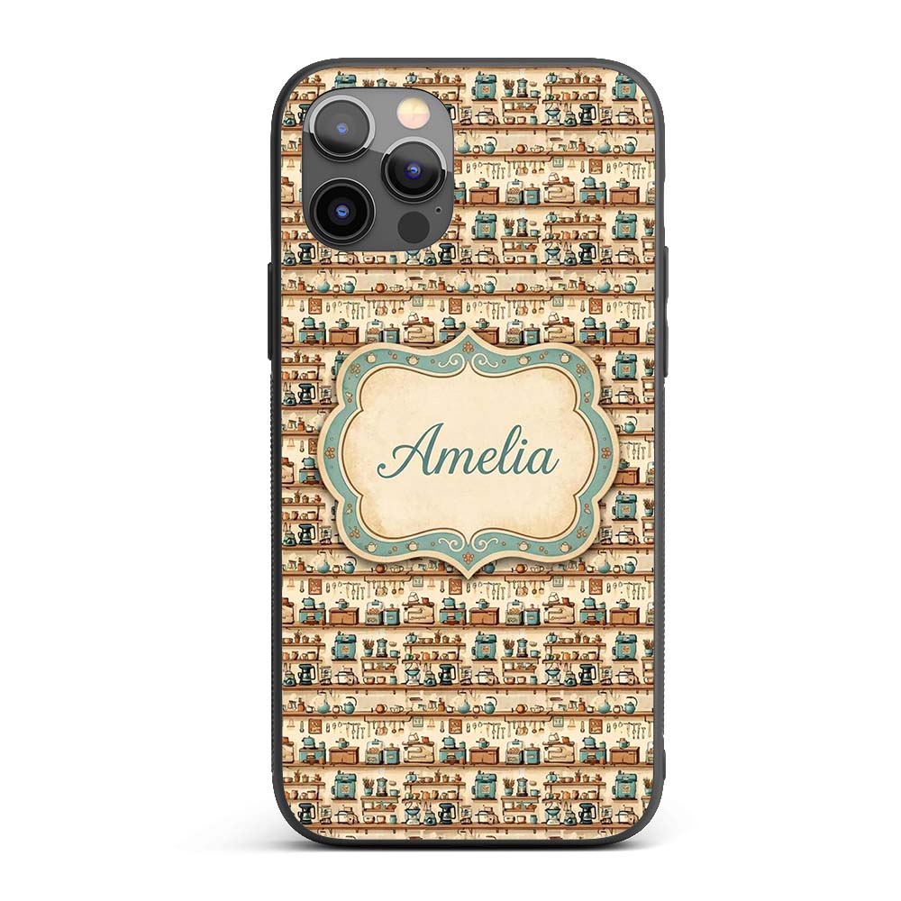 Vintage Shelves Utensils Appliances Seamless Custom Name Protective Phone Case Mobile Cover Durable Everyday Smartphone Shock Resistant