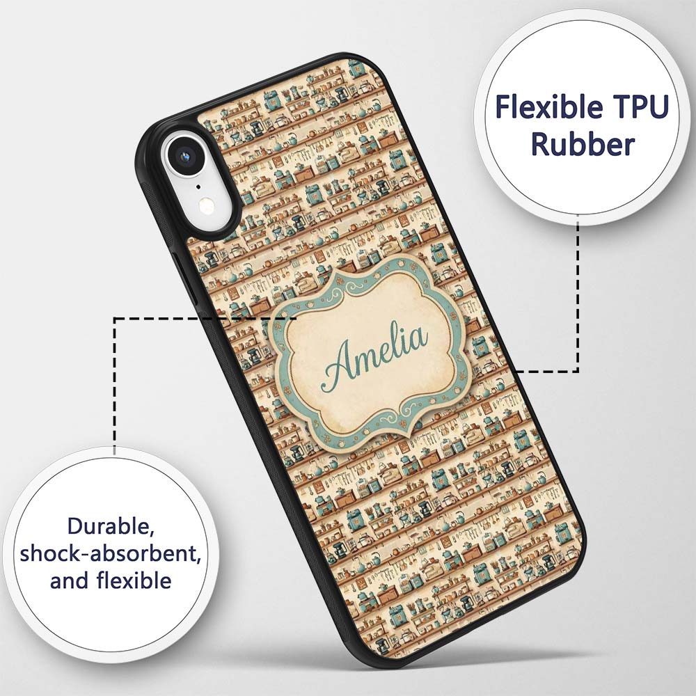 Vintage Shelves Utensils Appliances Seamless Custom Name Protective Phone Case Mobile Cover Durable Everyday Smartphone Shock Resistant