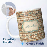 Personalized Custom Name Vintage Kitchen Shelves Utensils Appliances Seamless Pattern Name 11oz Ceramic Coffee Tea Mug White Large Handle