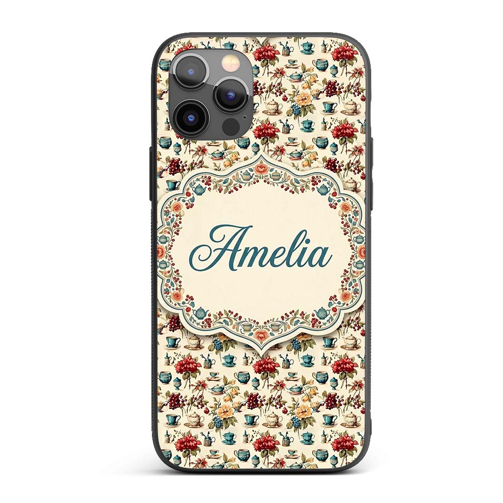 Floral Tea Cups Vintage Botanical Garden Seamless Custom Name Protective Phone Case Mobile Cover Durable Everyday Smartphone Shock Resistant
