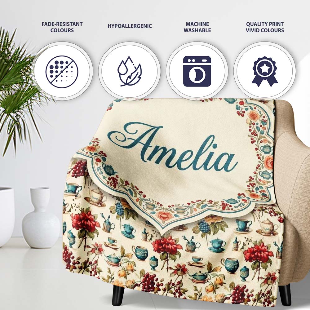 Floral Tea Cups Vintage Botanical Garden Seamless Pattern Custom  Personalised Custom Name Super Soft Fleece Blanket Bed Sofa Throw