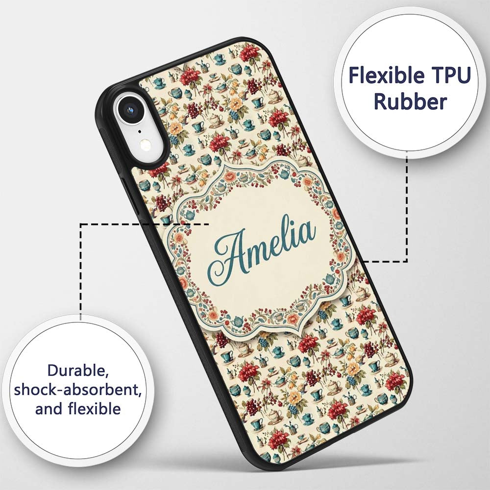 Floral Tea Cups Vintage Botanical Garden Seamless Custom Name Protective Phone Case Mobile Cover Durable Everyday Smartphone Shock Resistant