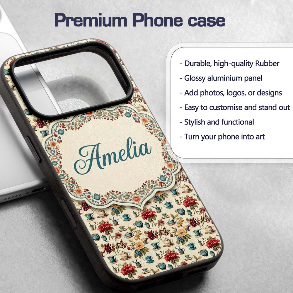 Floral Tea Cups Vintage Botanical Garden Seamless Custom Name Protective Phone Case Mobile Cover Durable Everyday Smartphone Shock Resistant