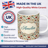 Personalized Custom Name Floral Tea Cups Vintage Botanical Garden Seamless Pattern Custom 11oz Ceramic Coffee Tea Mug White Large Handle