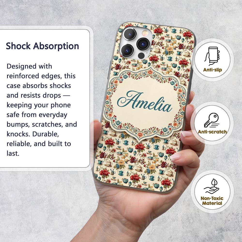 Floral Tea Cups Vintage Botanical Garden Seamless Custom Name Protective Phone Case Mobile Cover Durable Everyday Smartphone Shock Resistant