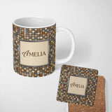 Personalized Custom Name Wood Tile Square Natural Texture Seamless Pattern Cute Unique Gift 11oz Ceramic Coffee Tea Mug White Large Handle