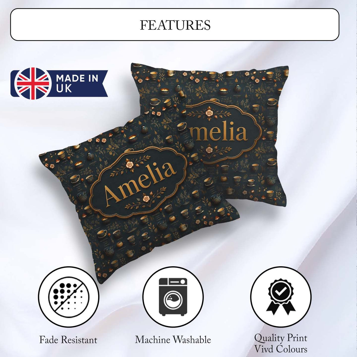 Custom Name Dark Elegant Tea Floral Pattern Seamless Name Cute Square Filled Cushion Throw Pillow Sofa Bed Home Decor Zip Washable UK Made