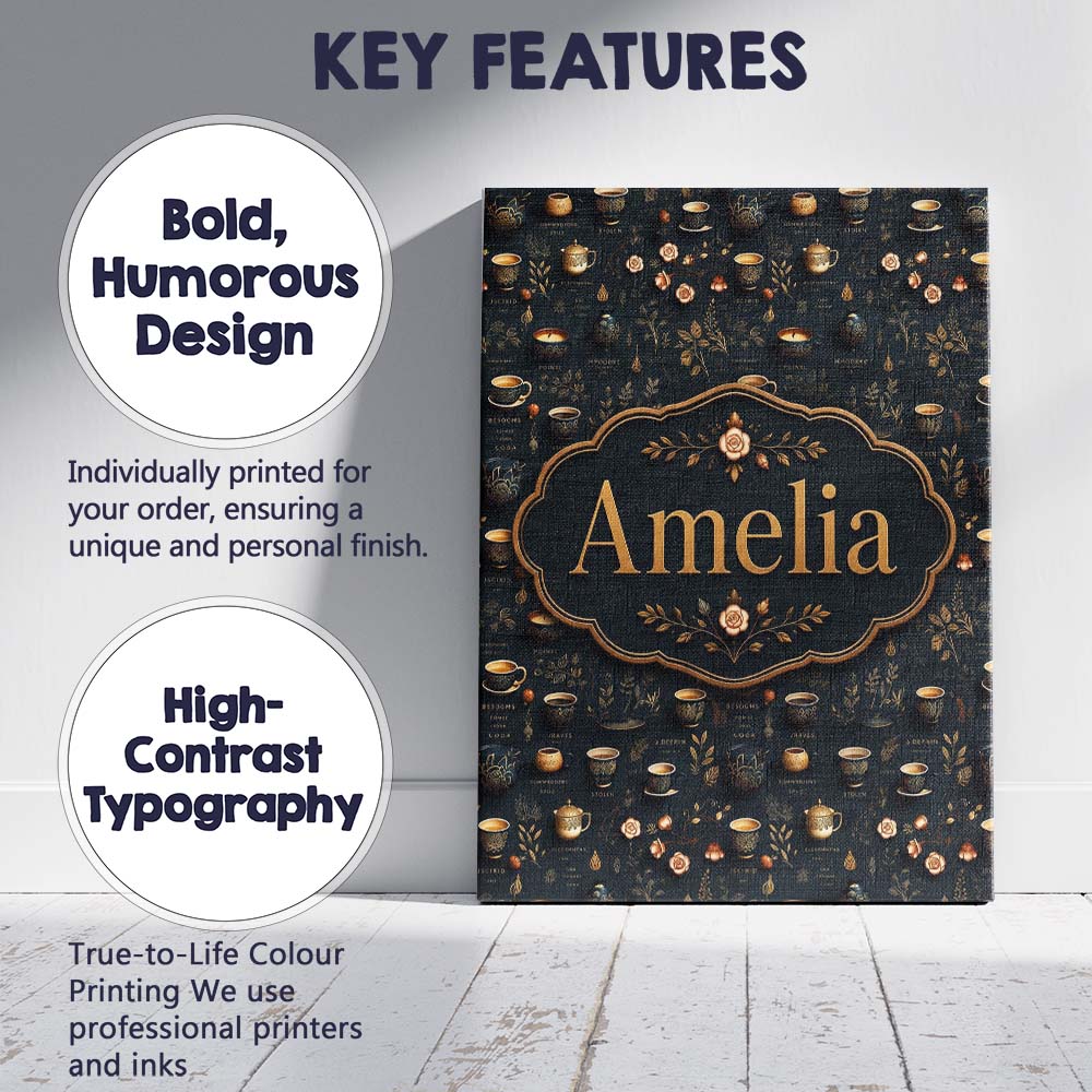 Personalised Name Dark Elegant Tea Coffee Custom  Bespoke Decorative Contemporary Canvas Wall Art Print Decor Picture Ready to Hang