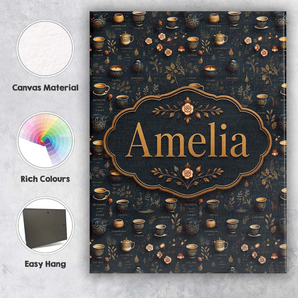 Personalised Name Dark Elegant Tea Coffee Custom  Bespoke Decorative Contemporary Canvas Wall Art Print Decor Picture Ready to Hang