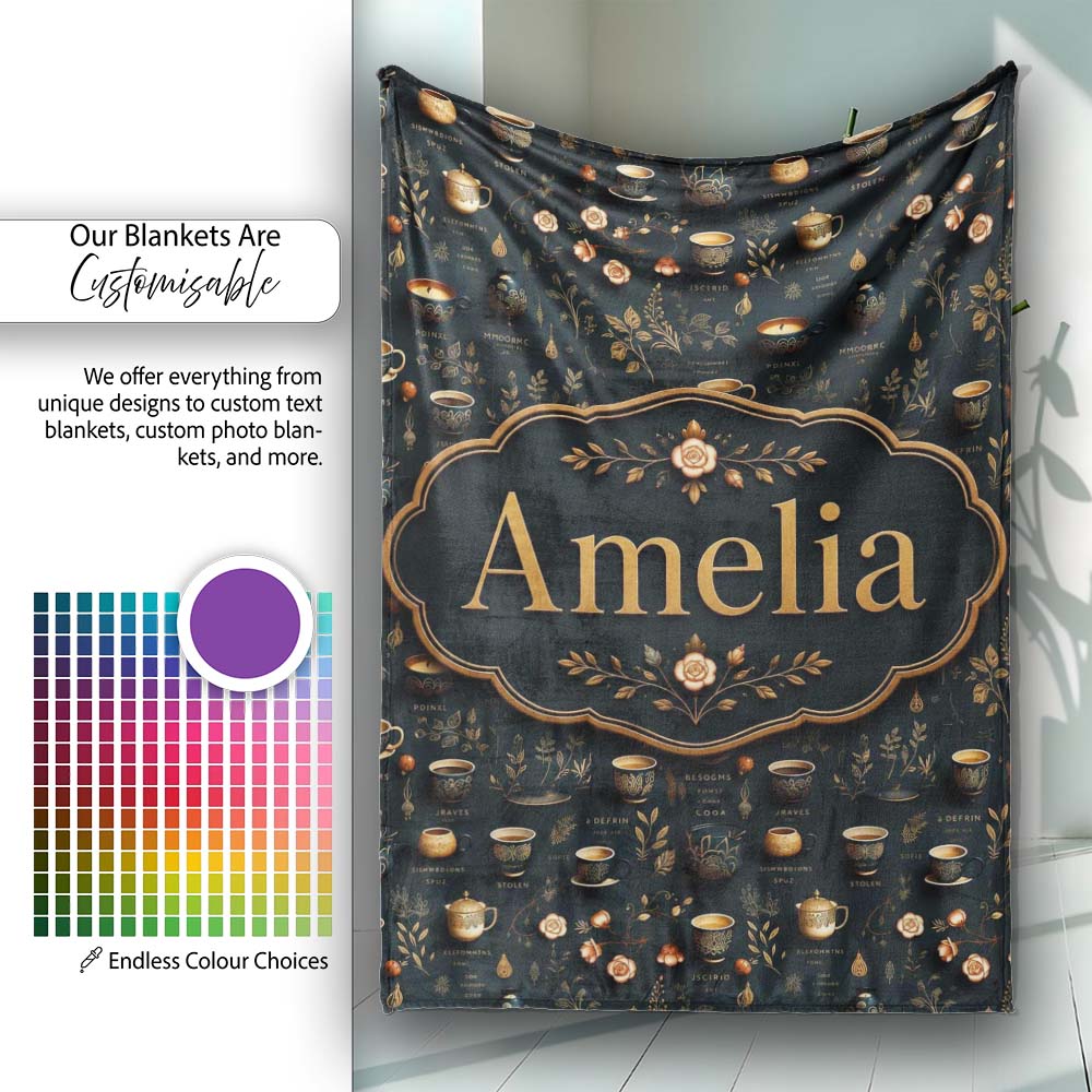 Dark Elegant Tea Coffee Floral Pattern Seamless Name Cute Unique  Personalised Custom Name Super Soft Fleece Blanket Bed Sofa Throw