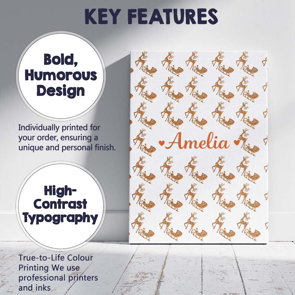 Personalised Name Gold Glitter Reindeer Sleigh Christmas White Custom Modern Room Accent Canvas Wall Art Print Decor Picture Ready to Hang