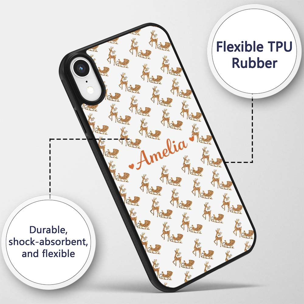 Gold Glitter Reindeer Sleigh Christmas White Custom Name Protective Phone Case Mobile Cover Durable Everyday Smartphone Shock Resistant