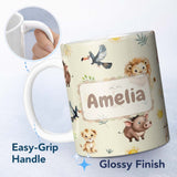 Personalized Custom Name Cute Safari Animal Lion Meerkat Toucan and Warthog with Sun and 11oz Ceramic Coffee Tea Mug White Large Handle