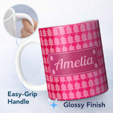 Personalized Custom Name Minimal Pink Christmas Trees Geometric Seamless Pattern Lovely 11oz Ceramic Coffee Tea Mug White Large Handle