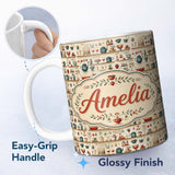 Personalized Custom Name Vintage Kitchen Herbs Fruits Cooking Items Seamless Pattern Name 11oz Ceramic Coffee Tea Mug White Large Handle