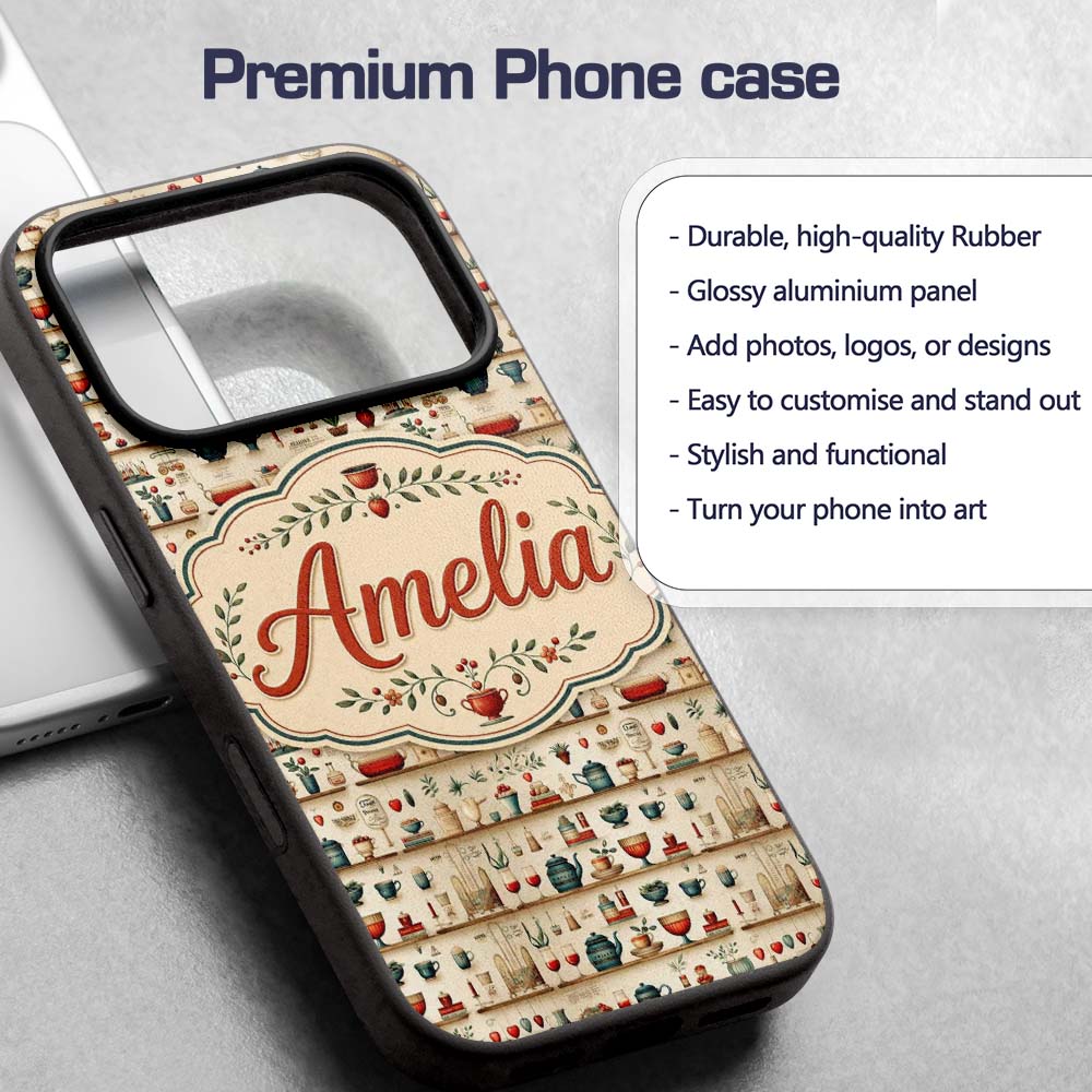 Vintage Herbs Fruits Cooking Items Printed Design Custom Name Protective Phone Case Mobile Cover Durable Everyday Smartphone Shock Resistant