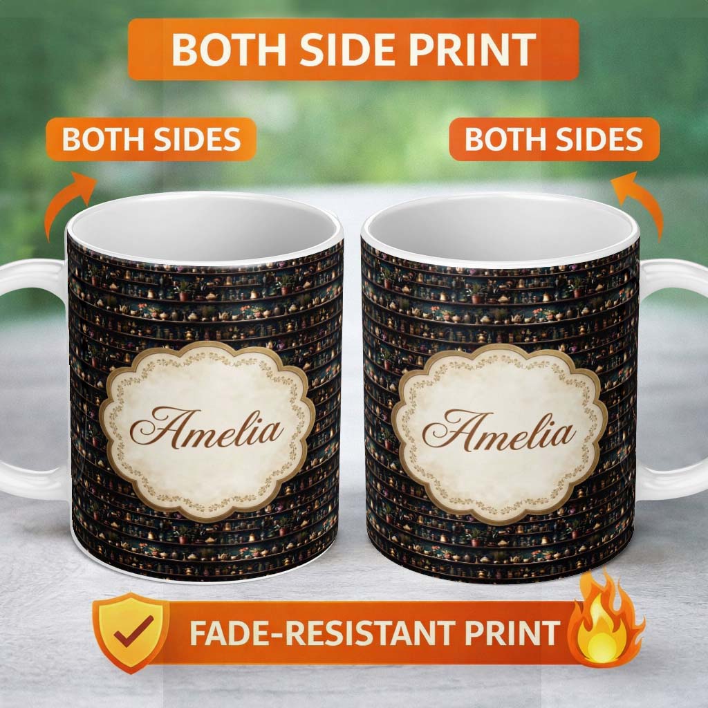 Personalized Custom Name Luxury Dark Shelf Decor Teapots Plants Seamless Pattern Name Cute 11oz Ceramic Coffee Tea Mug White Large Handle